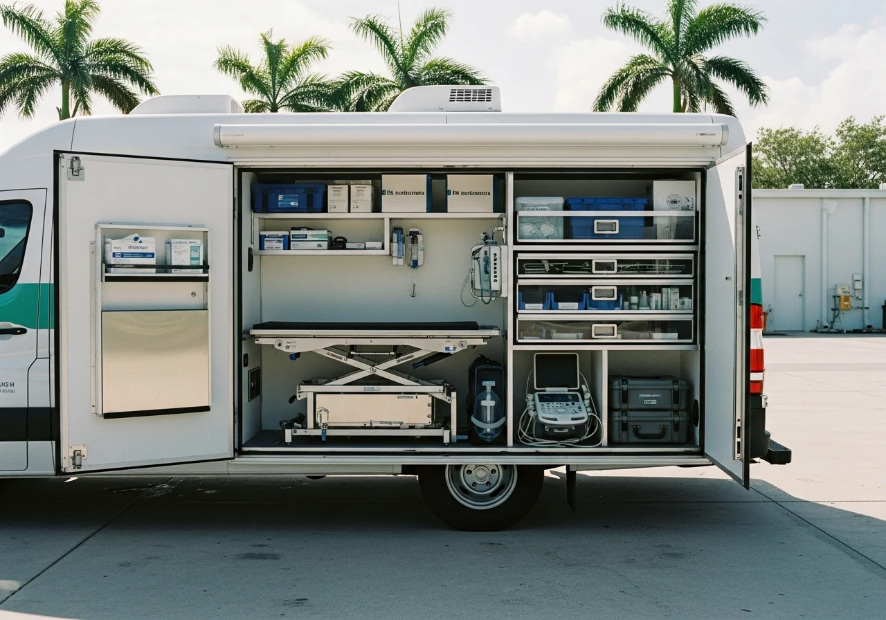 Mobile veterinary service vehicle equipped with pet care supplies and medical equipment ready for in-home visits.