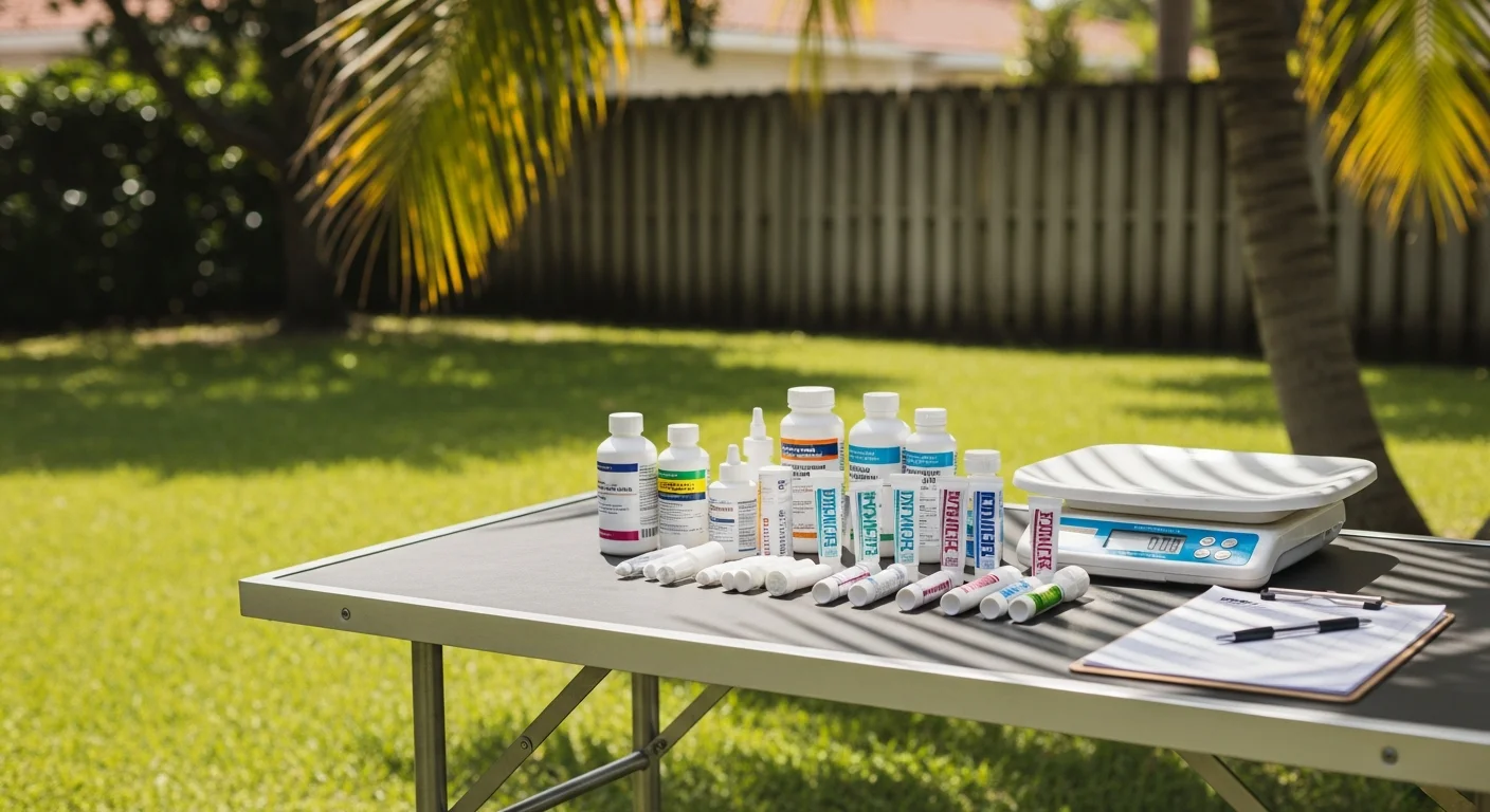A 24 Hr Mobile Pet Care veterinarian examining a dog at a residential home in Boca Raton, Florida, during a mobile flea and tick prevention visit. The vet reviews the pet's coat and health details at the owner's front door in a sunny South Florida setting.