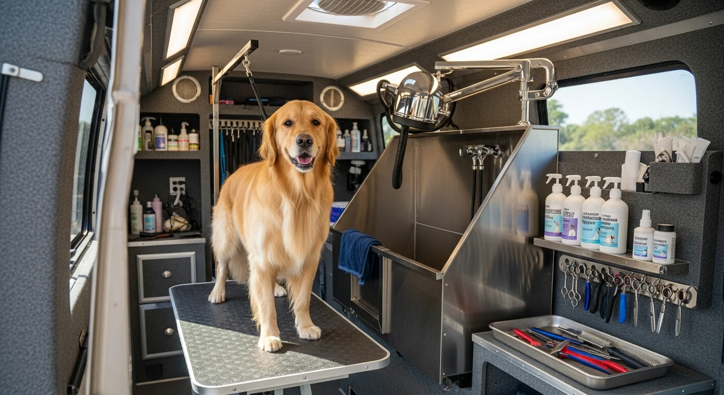 A groomer bathing a dog inside a mobile grooming van parked outside a residential home in Boca Raton, Florida. The van is fully equipped with grooming tools, and the dog is calm during the one-on-one session.