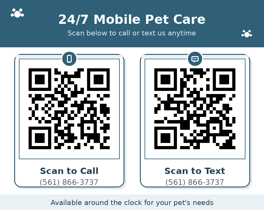 24/7 Mobile Pet Care QR codes - Scan to Call or Text (561) 866-3737